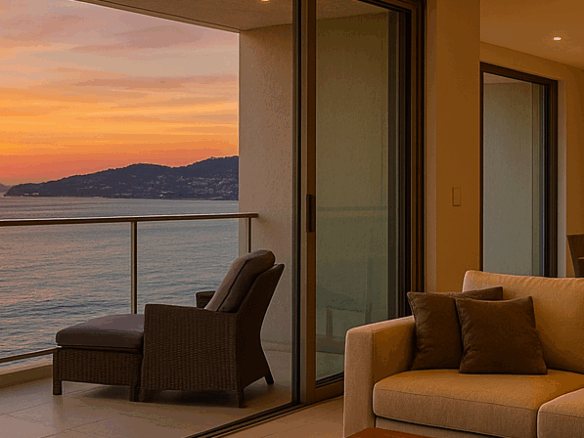 Moderno departamento frente al mar en Acapulco iluminado por el atardecer,
