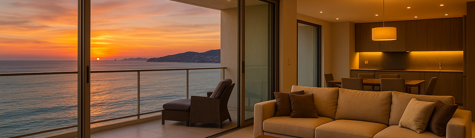 Moderno departamento frente al mar en Acapulco iluminado por el atardecer,