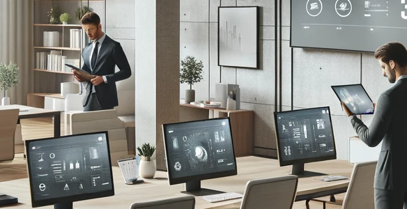 Oficina moderna con tecnología inteligente.