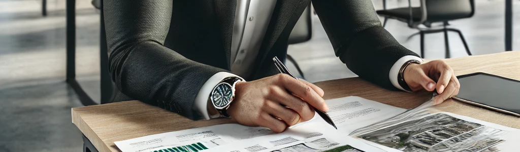 Joven emprendedor con vestimenta formal revisando documentos y planos inmobiliarios en escritorio de coworking moderno con colores corporativos de Gemtek.