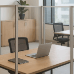 Oficina moderna con cubículos de acrílico transparente y mobiliario profesional