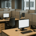 Cubículos de call center modernos con diseño ergonómico y mobiliario profesional.