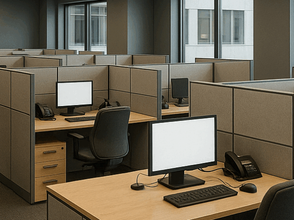Cubículos de call center modernos con diseño ergonómico y mobiliario profesional.