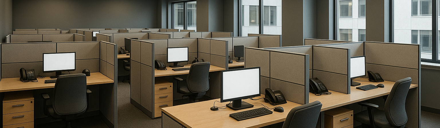 Cubículos de call center modernos con diseño ergonómico y mobiliario profesional.
